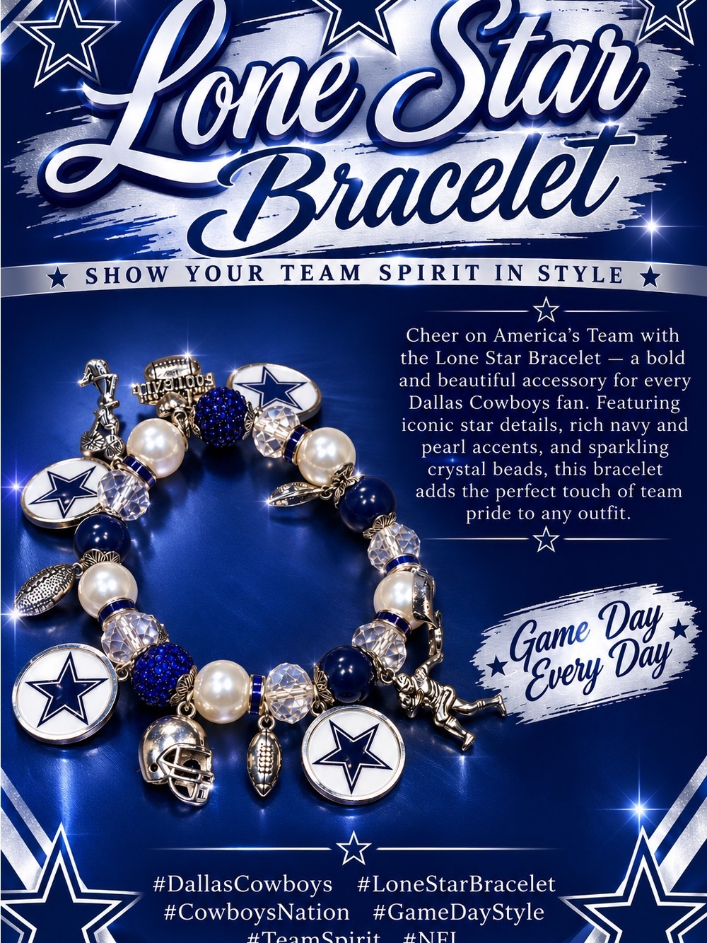 - Navy Blue and White Dallas Cowboys Charm Bracelet